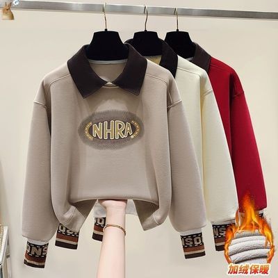 2025秋冬新款加绒加厚polo领卫衣女宽松洋气假两件保暖上衣ins潮