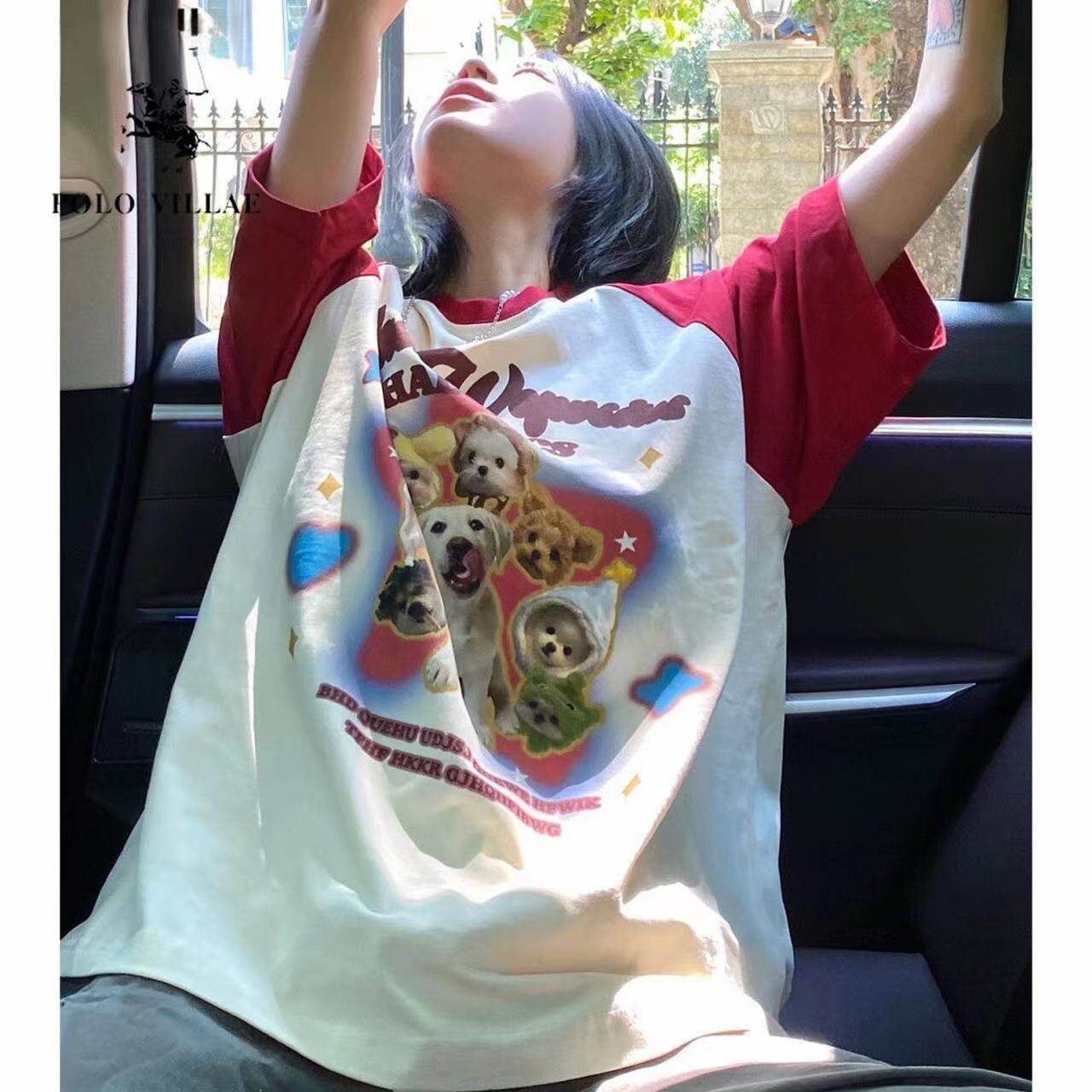 2026夏季新款法式小香风上衣小狗图案短袖宽松慵懒风撞色拼接t恤