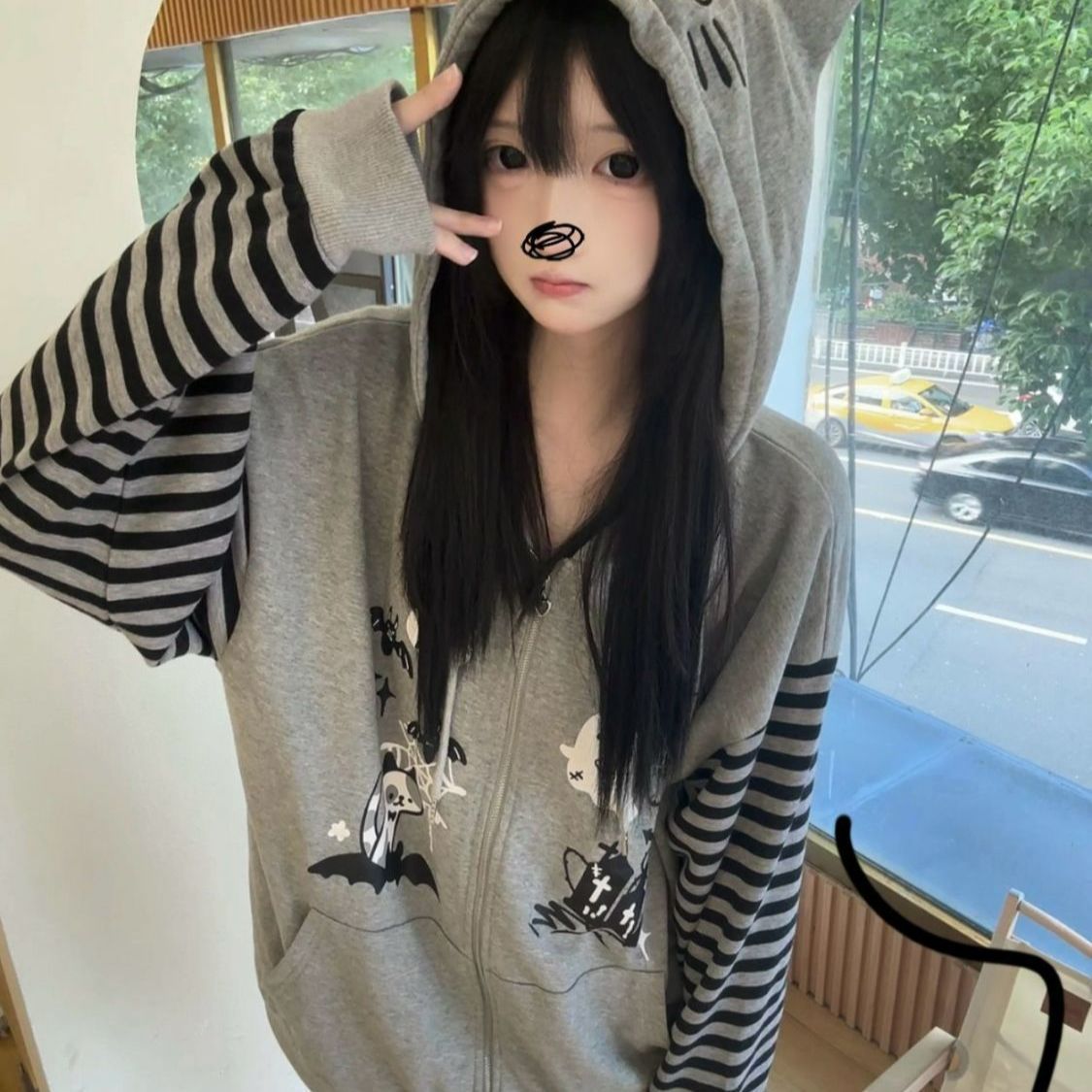 美式复古2025春秋季亚文化猫耳连帽外套女日系可爱软妹条纹卫衣女