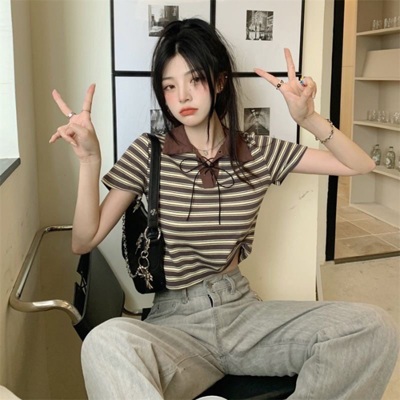 复古绑带POLO领条纹T恤女2026夏季新款辣妹短款短袖上衣美式正肩,女装/女士精品,T恤,淘宝优惠券,粉丝福利购,淘宝优惠卷