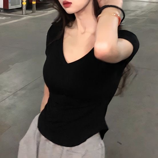 纯欲风v领短款短袖t恤女春夏季高腰打底衫露肚显瘦脐甜辣短上衣潮,女装/女士精品,T恤,淘宝优惠券,粉丝福利购,淘宝优惠卷