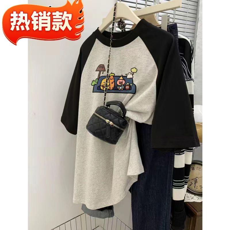 2025夏季休闲插肩袖撞色短袖T恤女潮流韩版宽松百搭情侣上衣高街