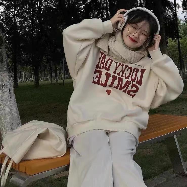 2025秋冬新款加绒杏色圆领ins美式卫衣女oversize宽松原宿bf上衣