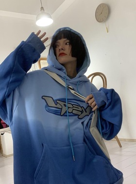 小蚂蚁ant春季薄款渐变连帽绿色卫衣女复古潮ins宽松chic港风上衣