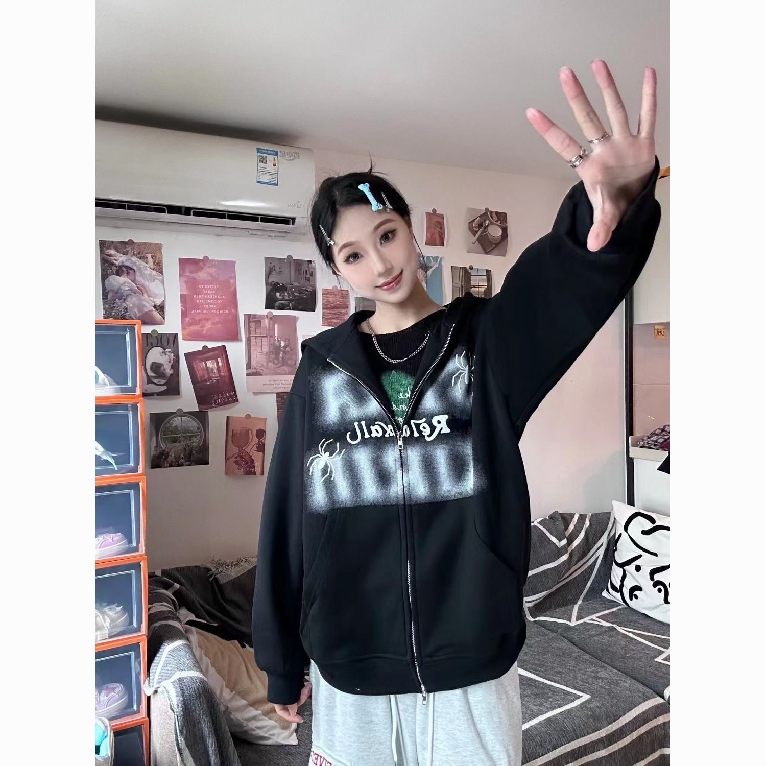 新款ins卫衣超火带帽春秋oversize连帽薄款小众百搭外套开衫上衣