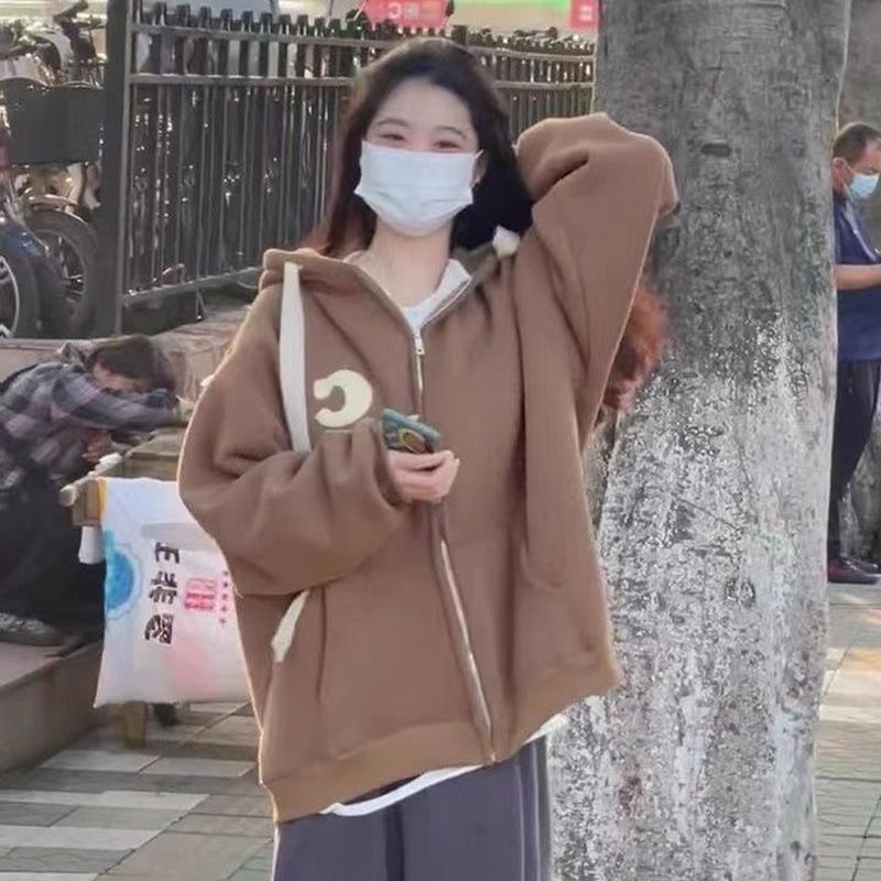 加绒加厚连帽外套女宽松百搭上衣ins潮高级感拉链开衫卫衣外穿