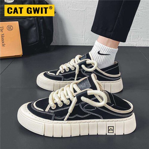 CAT GWIT帆布男鞋春季透气休闲懒人无后跟半拖一脚蹬布鞋运动厚底