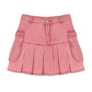 橙绢女装#粉色纯欲风高腰百褶短裙子夏季辣妹垂感a字牛仔半身裙女
