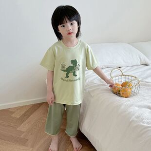 儿童新款睡衣夏季薄款短袖七分裤宝宝男童女童家居服套装上衣裤子