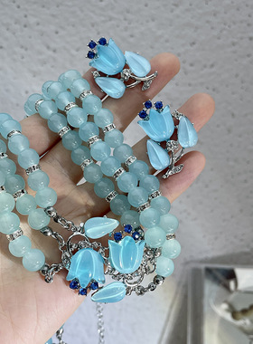 极速淡蓝色月光铃兰花耳r环蓝水晶天然石郁金香花朵项链多层锁骨