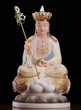 极速汉白玉彩绘娑婆三圣摆件玉石观音雕像佛堂供T奉释迦佛地藏王