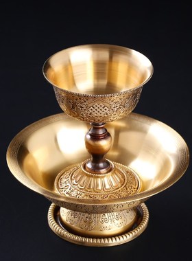 极速大觉工艺黄i铜雕花十字金刚杵护法杯八吉祥供酒供水杯法器摆