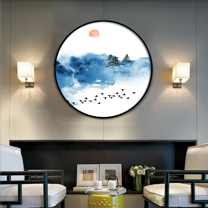 极速圆形装饰画现代山p水画新中式客厅背景墙禅意挂画入户玄关餐