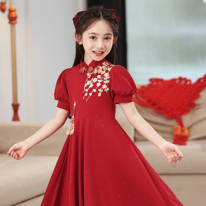 女童礼服中国风儿童n洋气公主裙红色花童婚礼小主持人钢琴演出服