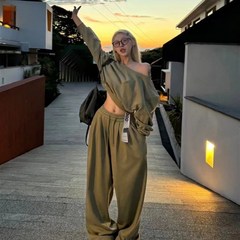2024秋装新款美式短款露肩卫衣阔腿裤套装女休闲S运动直筒裤两件