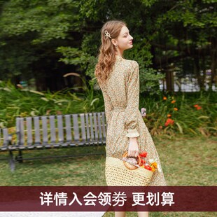 2024法式 显瘦洋气 f复古碎花雪纺过膝仙女连衣裙收腰减龄遮肉修身