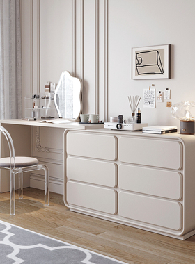 奶油风全实木伸缩轻奢化妆桌白色梳妆台卧室现代简约收纳斗柜一体