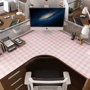 纯色格子转角书桌垫L型弧形学生学习写字台电脑工位办公皮革桌布