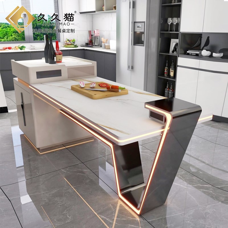 岩板中岛台餐桌一体龙抬r头餐台倒台定制开放式厨房饭桌氛围灯导