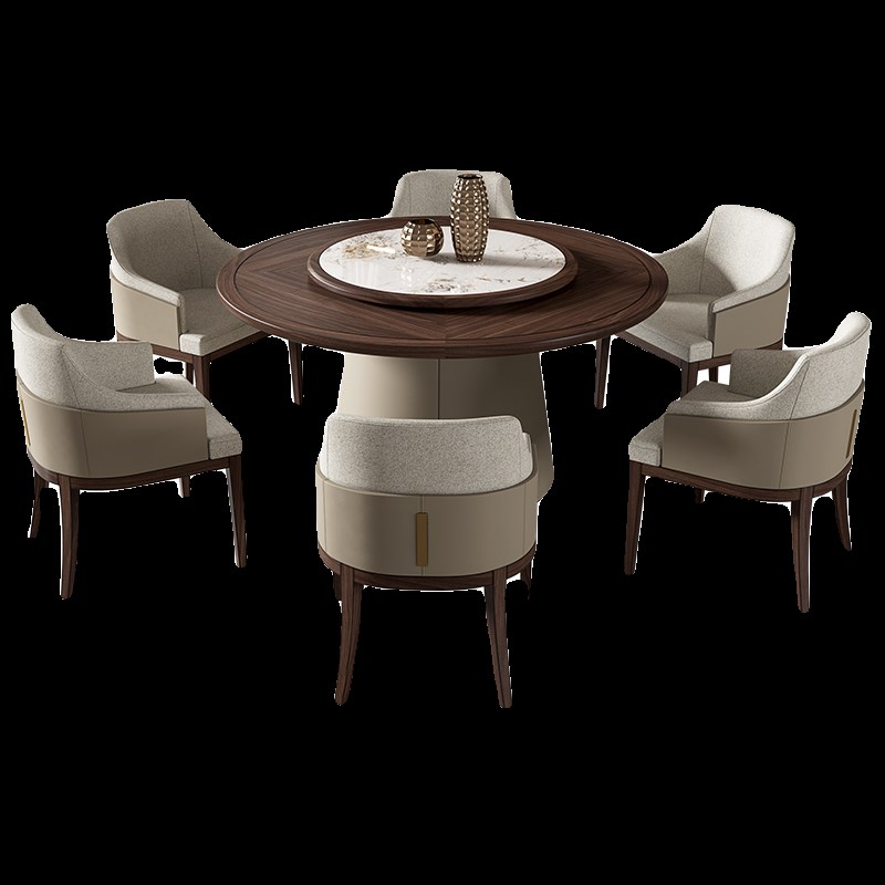 中式圆桌黑胡桃木k新中式别墅大小户型餐桌椅组合家用餐厅家具定