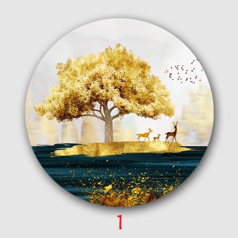 自粘式新中式简约 发财r树 麋鹿森林轻奢圆形画心油画布高清喷绘