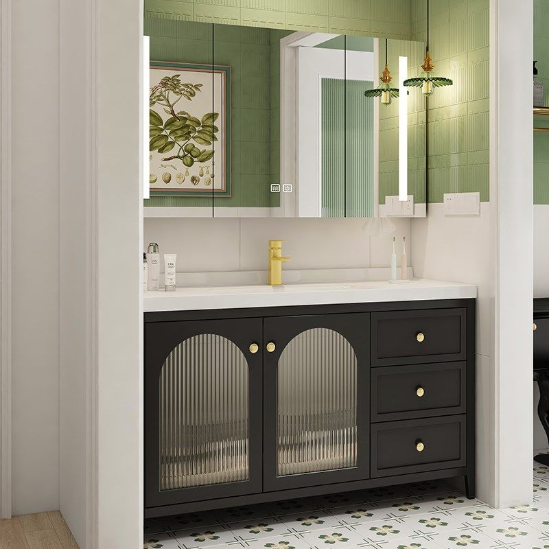 奶油风橡木烤漆浴室柜陶瓷一体盆洗脸盆柜组合洗漱台落地洗手盆柜