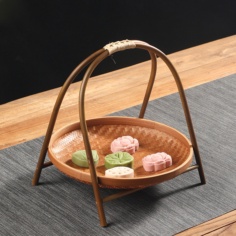 纯手工竹编仿古提篮家用圆形收纳筐糕点盘水果篮可拆卸.中式竹篮