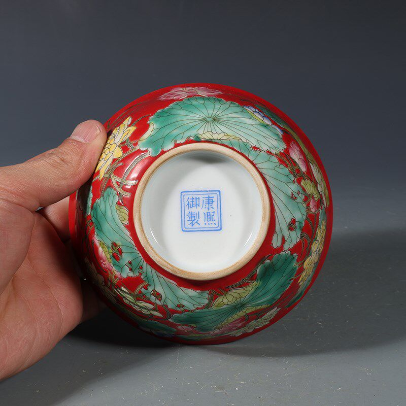 清康熙珐琅彩荷花纹小碗一对古董古玩收藏品包老保真老货瓷器摆件