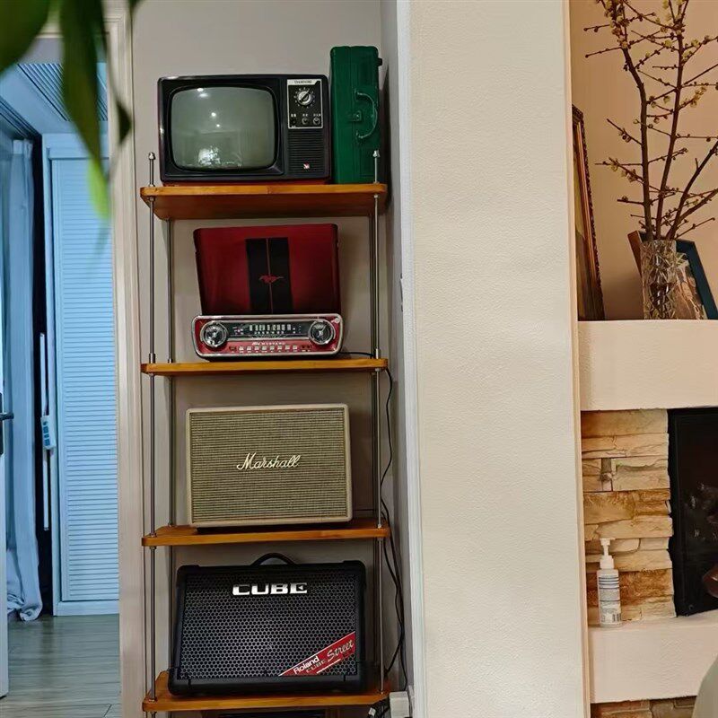 中古风实木铁艺置物架多层卧室落地复古书架客厅阳台收纳组合花架