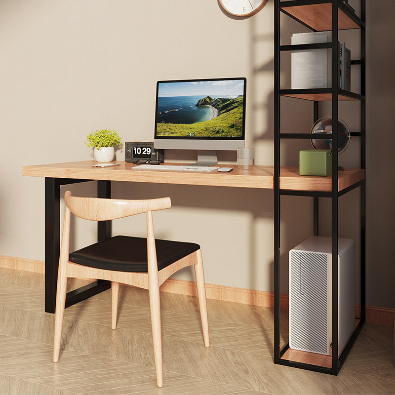 实木电脑桌带置物架书桌书架一体桌书柜长条桌家用简约现代办公桌
