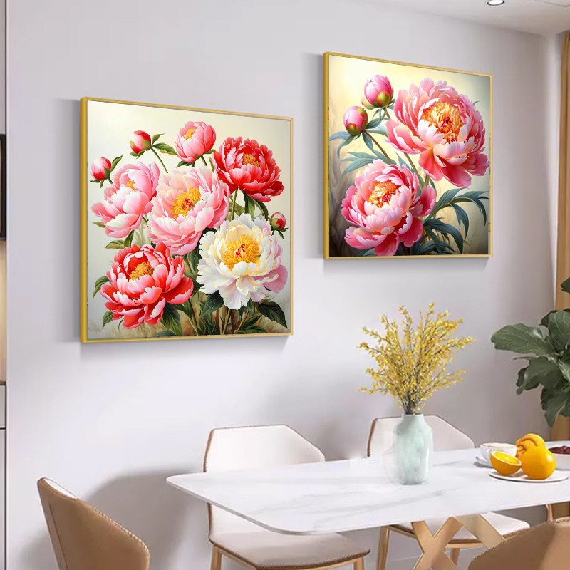 新中式花b开富贵牡丹挂画入户对门客餐厅背景墙装饰画卧室床头壁图片
