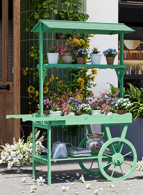 室内花架装饰摆件实木推车置物架花店商场创意展示架子超市促销车