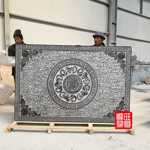 石雕青石祥云纹荷花鱼壁画中式石板画浮雕踏步台阶过门石地雕装饰