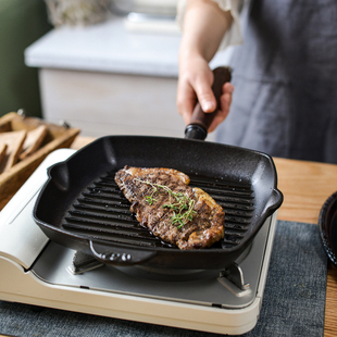 铸铁牛排煎锅家用条纹牛扒煎锅加厚无涂层不粘平底锅煎牛排专用锅