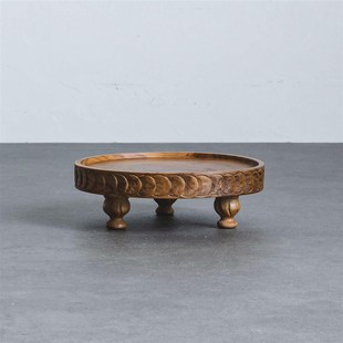 久伴中古实木托盘餐盘茶盘水果盘浮雕高脚客厅桌面家用高级感摆件