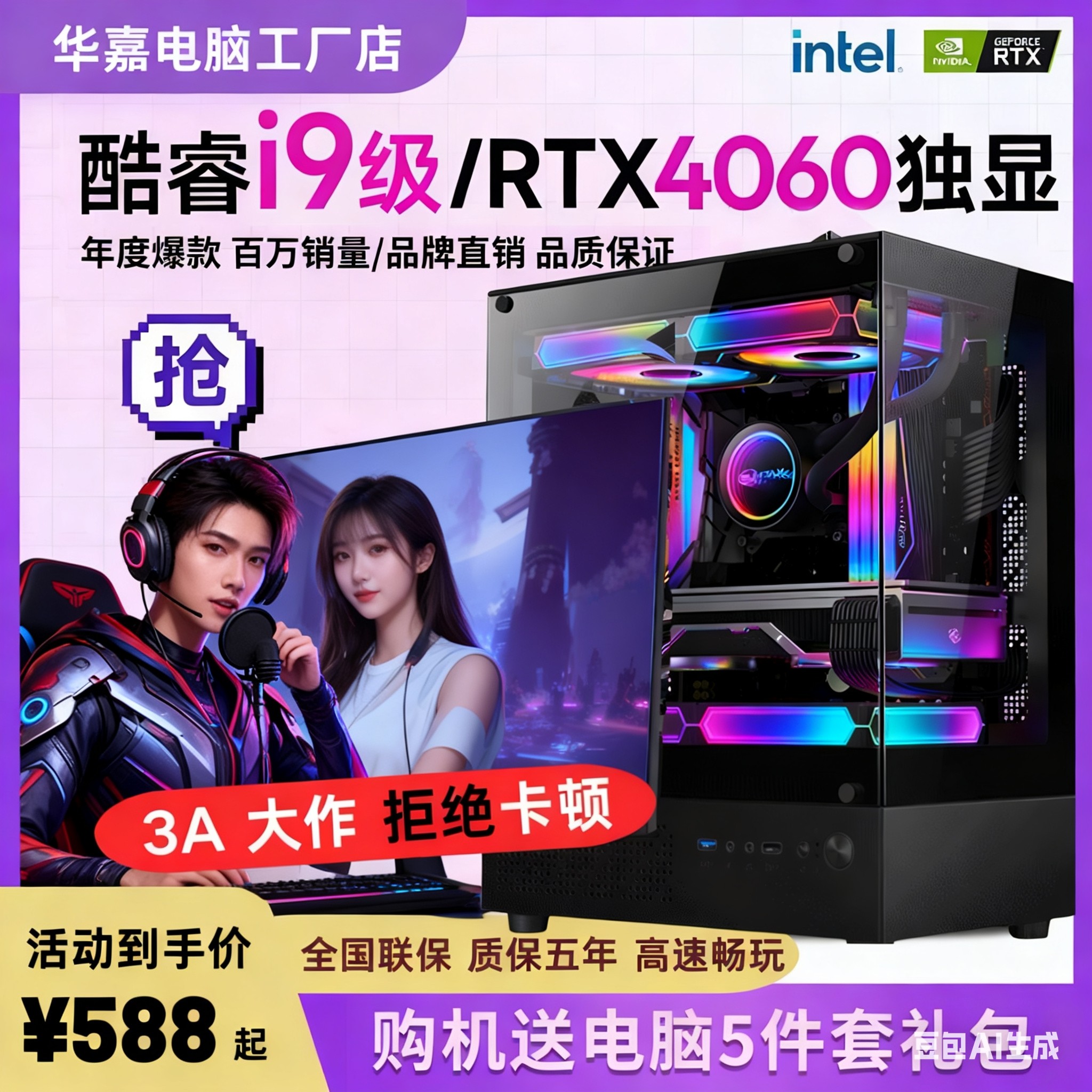 i9级电脑主机台式机独显高配游戏型电竞吃鸡直播设计剪辑办公家用