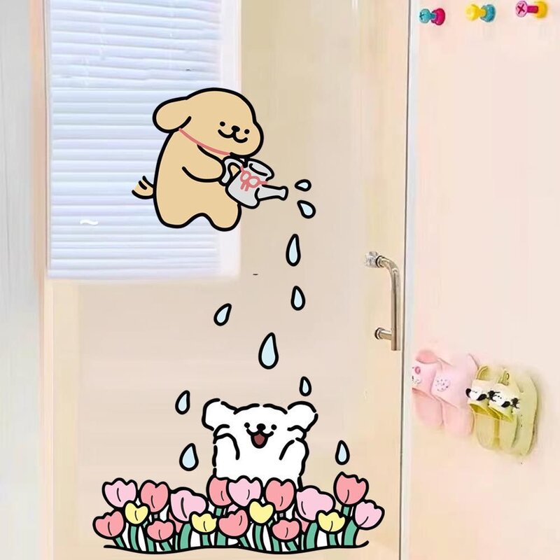 ins防水玻璃防撞贴卡通浇花小狗图案厨卫推拉门装饰自粘贴纸