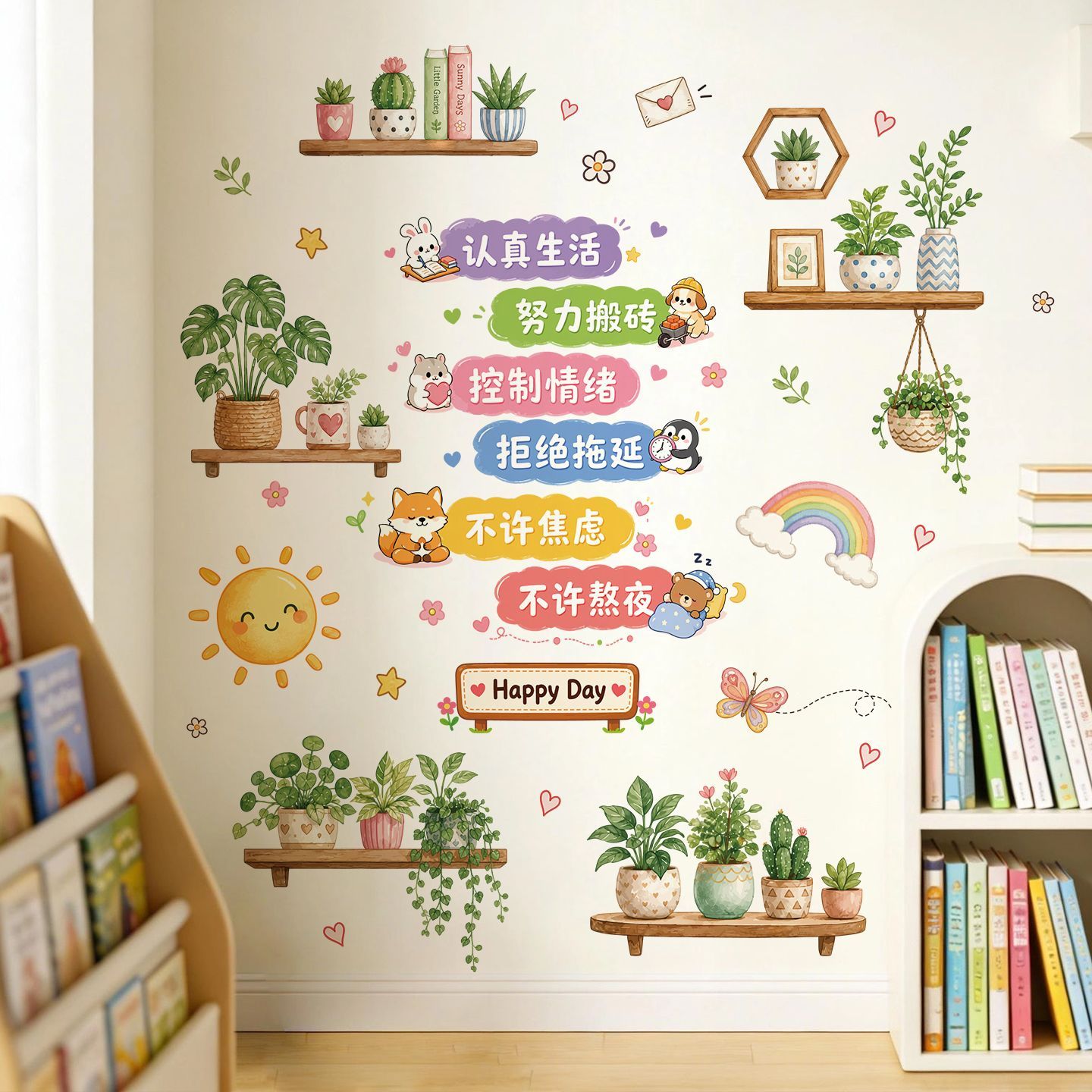 卡通动物自粘墙贴纸儿童房卧室客厅幼儿园遮瑕装饰小清新墙纸贴画