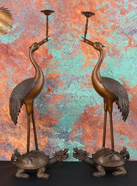 宏达 全黄铜龟鹤延年铜蜡烛台仿古包浆祝寿铜器礼品摆件