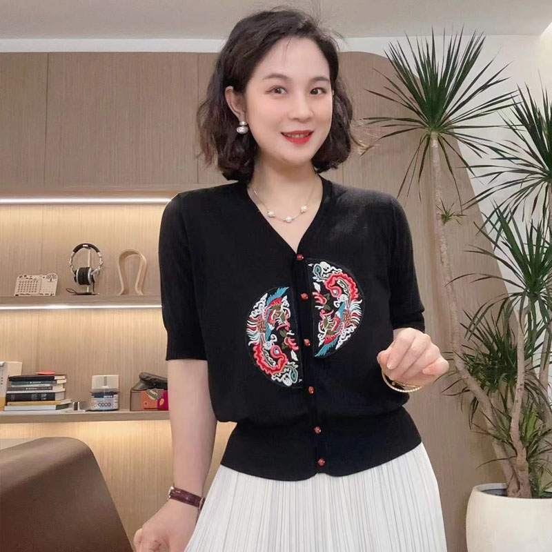 国风新中式短袖开衫T恤针织绣花针织衫夏款时尚百搭复古#GT7968