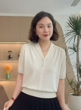 短袖V领套头针织衫T恤时尚休闲百搭夏季舒适莱赛尔#23380