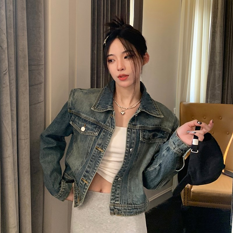 Neee春季新款美式复古短款牛仔外套H水洗设计感宽松百搭夹克上衣