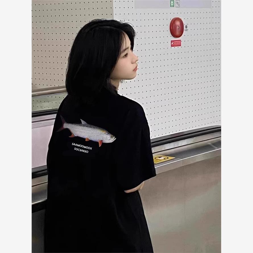 300斤纯棉黑色短袖t恤女2025新款夏季正肩宽松美式半袖设计感上衣