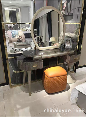 轻奢梳妆台后现代意式港式书桌镜子组合高档高级感卧室化妆桌