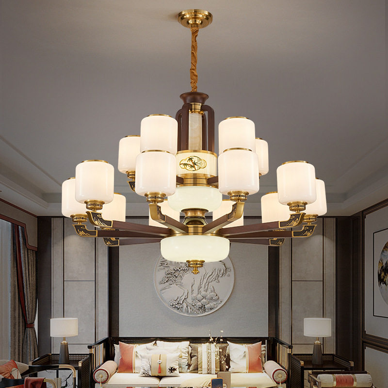 新中式别墅复式楼大吊灯全铜实木玻璃客厅中空跃层楼梯间长吊灯具