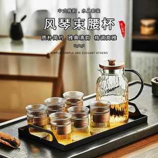 条纹家用玻璃杯子防烫喝水杯耐高温茶杯水壶客厅待客水具套装 中式