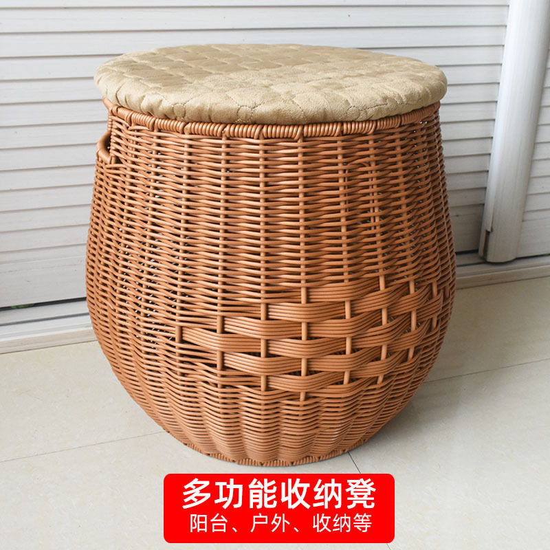 收纳筐坐凳客厅家用休闲换鞋凳大号圆形手工仿藤编新中式储物凳子