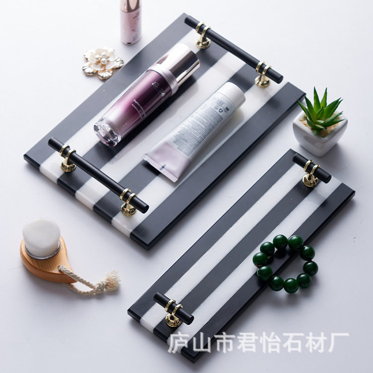 大理石托盘黑白条纹拼接酒店酒吧厨房酒柜吧台摆盘珠宝装饰石托盘