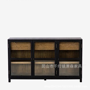 RH美式餐边柜复古做旧玄关柜客厅黑色电视柜落地储物柜高端展示柜