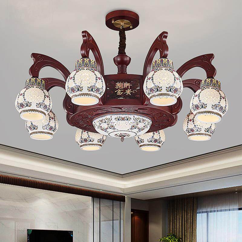 新中式客厅吊灯中国风陶瓷款大气复古餐厅酒楼饭店灯别墅实木灯具
